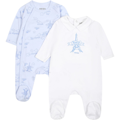 Kenzo Light Blue Set For Baby Boy With Tour Eiffel And Print In Multicolor