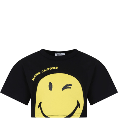Little Marc Jacobs Kids' Black T-shirt For Girl With Smiley And Logo
