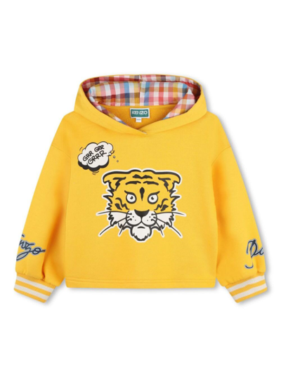 Kenzo Kids' Tiger Head-print Cotton Hoodie In Yellow