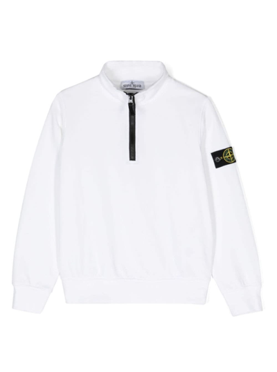 Stone Island Kids' Compass-badge Zip-collar Sweatshirt In White