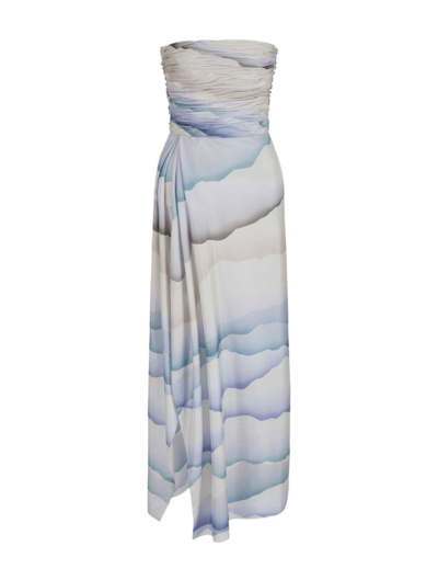 Giorgio Armani Printed Strapless Ruched Silk Dress In Blue