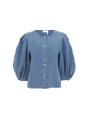 Chloé Chemise Sans Col Manches Ballon Femme Bleu Taille 42 80% Coton, 20% Lin In Foggy Blue