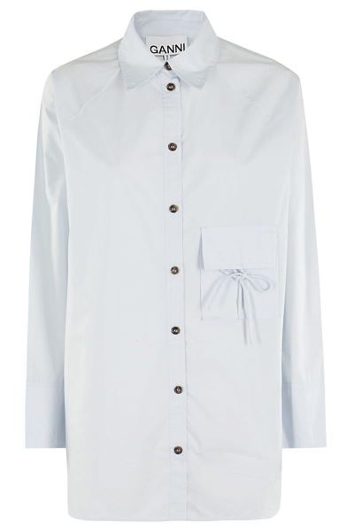 Ganni Cotton Poplin Oversize Raglan Shirt In White