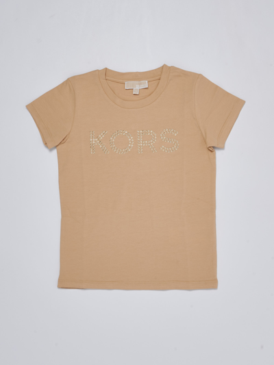 Michael Kors Kids' Girls Beige Studded Organic Cotton T-shirt In Corda