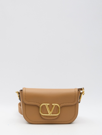 Valentino Garavani Almond Beige Calf Leather Alltime Shoulder Bag In Brown