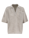 Brunello Cucinelli Open-knit Cotton Polo Sweater In Quarzo