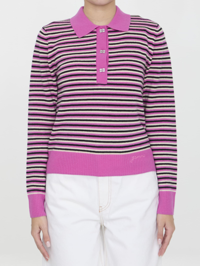 Ganni Striped Polo Sweater In Fuchsia