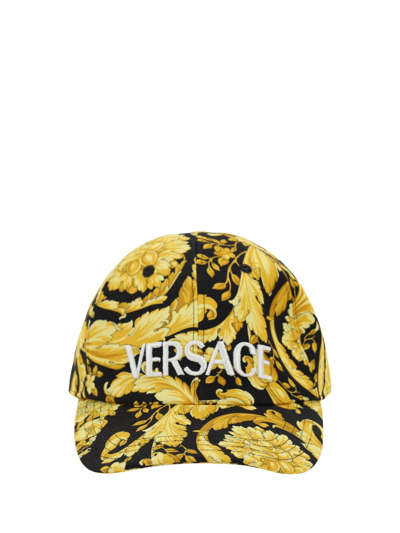 Versace Black Baroque Print Logo Baseball Cap In Yellow