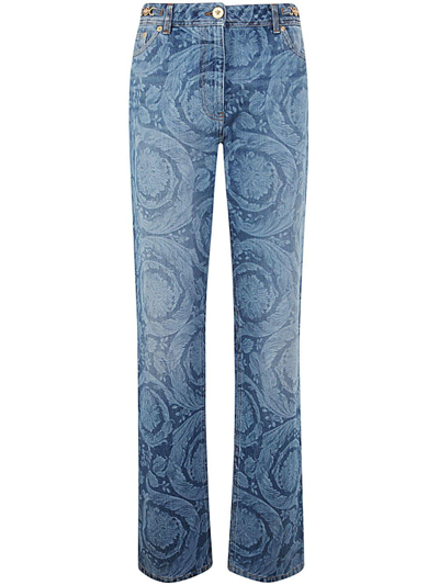Versace Baroque-print Stone-washed Straight Jeans In Blue