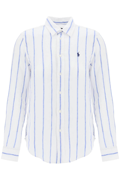 Polo Ralph Lauren Striped Linen Shirt In White,light Blue