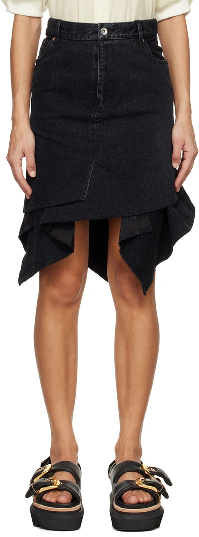 Sacai Black Asymmetric Denim Midi Skirt In 001 Black