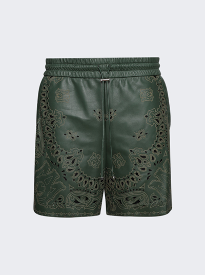 Amiri Bandana Leather Shorts In Rain Forest