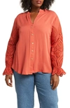 FORGOTTEN GRACE FORGOTTEN GRACE EMBROIDERED EYELET LONG SLEEVE BUTTON-UP SHIRT