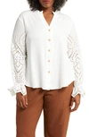 FORGOTTEN GRACE FORGOTTEN GRACE EMBROIDERED EYELET LONG SLEEVE BUTTON-UP SHIRT