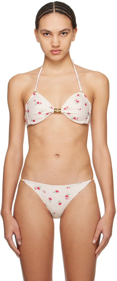 Ganni Off-white Floral Bikini Top In 795 Tofu