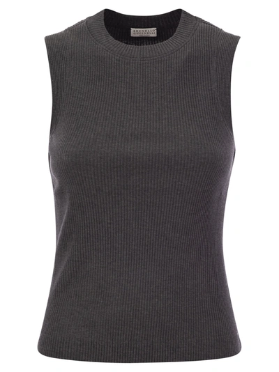 Brunello Cucinelli Ribbed Cotton Jersey Top With Monile In Anthracite