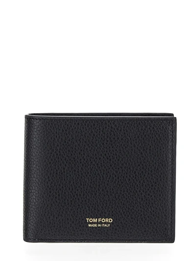 Tom Ford Black Bi-fold Wallet With Gold-colored Embossed Logo In Grainy Leather Man