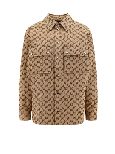 Gucci Gg帆布衬衫式夹克 In Beige