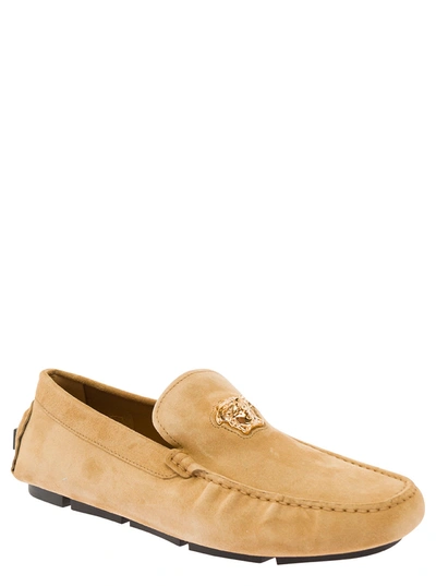 Versace Beige Slip-on Loafers With Medusa Details In Suede Man