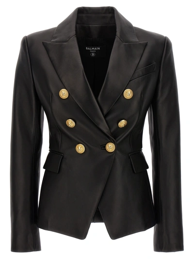 Balmain Double-breasted Leather Blazer In Black