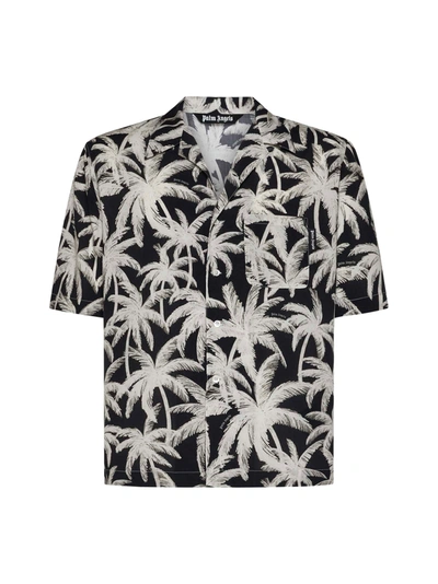 Palm Angels All-over Palm Printed Short-sleeved Shirt In Black Off White