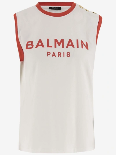 Balmain Cotton Tank Top With Logo In Blanc/rouge