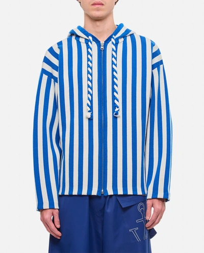 Jw Anderson Striped Zip Front Anchor Hoodie In Blue
