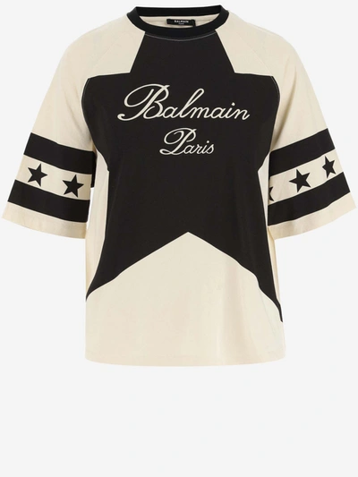 Balmain Cotton T-shirt With Logo In Crème/noir