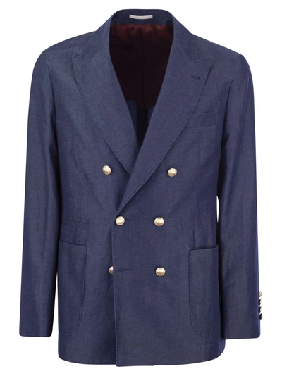 Brunello Cucinelli Single-breasted Jacket In Wool And Linen Twill In Denim Blue