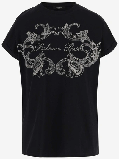 Balmain Cotton T-shirt With Logo In Noir/ivoire