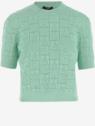 Balmain Monogrammed Knit Pullover In Vert Deau
