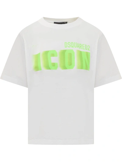 Dsquared2 Icon Blur Easy T-shirt In White-green Fluo