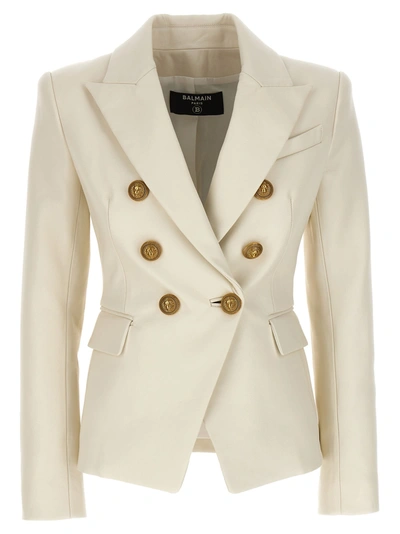 Balmain Double-breasted Leather Blazer In Beige
