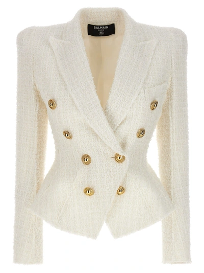Balmain Double-breasted Tweed Blazer With Logo Buttons Blazer And Suits In White