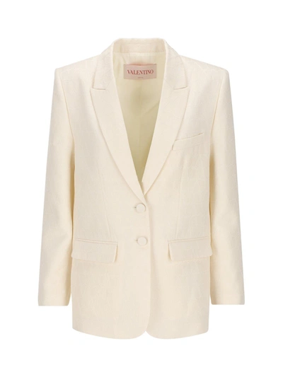 Valentino Toile Iconographe Wool And Silk Blend Blazer Jacket In White