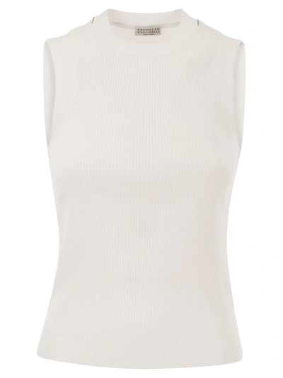Brunello Cucinelli Ribbed Cotton Jersey Top With Monile In White