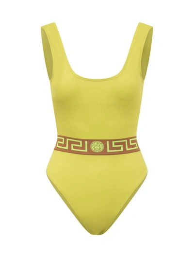Versace Greca Lycra One-piece Swimsuit In Yellow