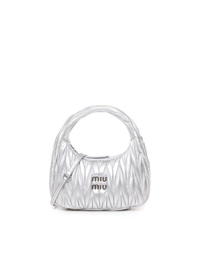 Miu Miu Wander Matelassé Logo Plaque Mini Hobo Bag In Argento