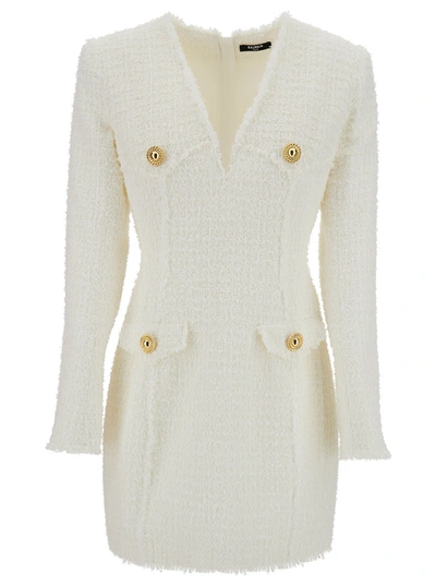 Balmain Collarless 4 Pkts Tweed Jacket In Bianco