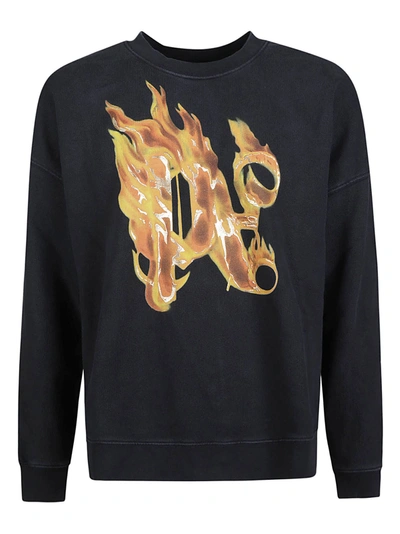 Palm Angels Burning Monogram Crewneck Sweatshirt In Black/gold