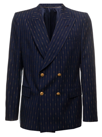 Gucci Mans Blue Printed Wool Double-breasted Blazer In Default Title