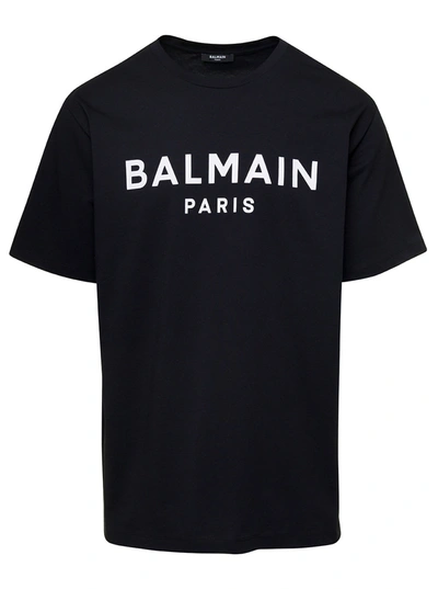 Balmain Black Crew Neck T-shirt With Logo Print On The Chest In Cotton Man In Eab Noir Blanc