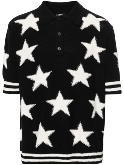 Balmain Ao Stars Cotton Polo In Eer Noir Naturel