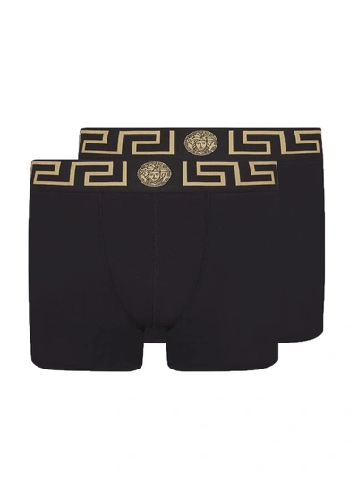 Versace Pack Of Two Boxer Shorts With Greek Motif In G Nero Greca Oro
