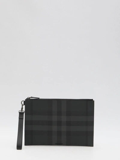 Burberry Check Large Pouch In Grey