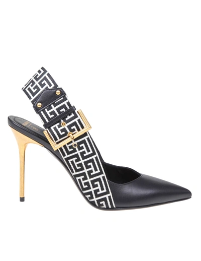 Balmain Slingback Ruby In Monogram Leather And Canvas In Ivoire/noir