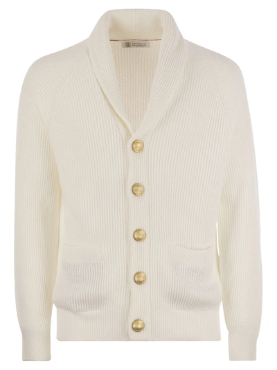 Brunello Cucinelli Pure Cotton Ribbed Cardigan With Metal Button Fastening In Panama