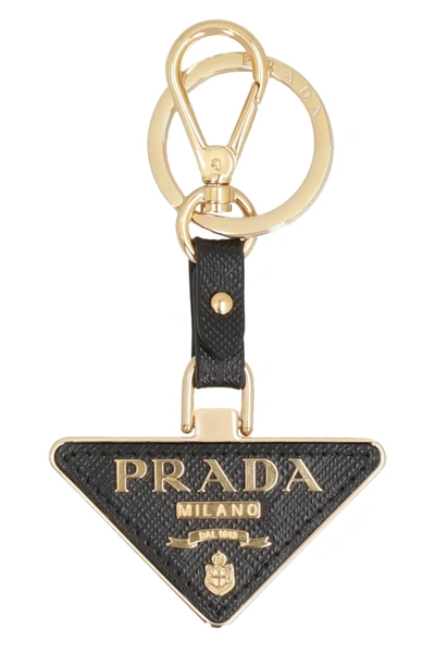 Prada Leather Keyring With Logo In Black