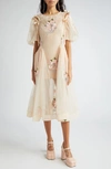 SIMONE ROCHA PUFF SLEEVE RUCHED BITE EMBROIDERED TULLE MIDI DRESS