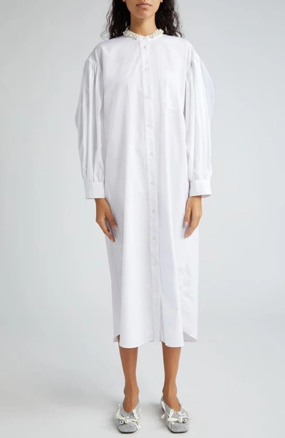 Simone Rocha Bow Back Long Sleeve Cotton Poplin Midi Shirtdress In White/ Pearl
